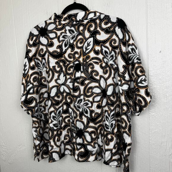 Susan Graver PURE Printed Linen Blend Elbow Sleeve Camp Shirt Black Tan Size 1X - Picture 3 of 9